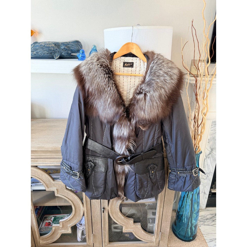Vintage Mitchie's‎ Real Fox Fur Trim Puffer Coat Womens Grey Size M